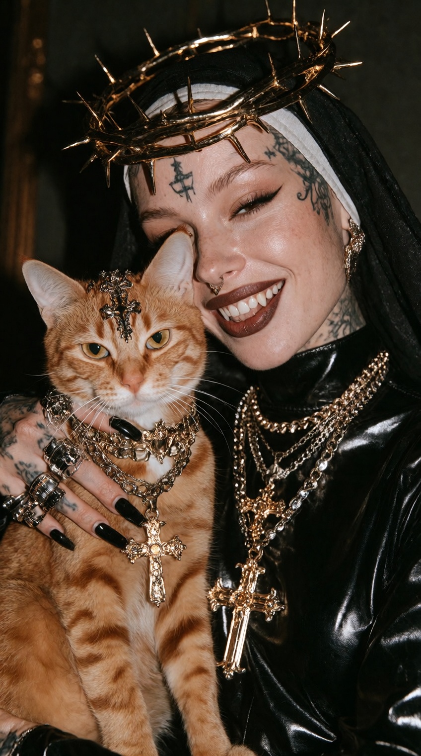 A @skaia_lovernicuz poses in a bold,  edgy portrait alongside a vibrant orange tabby cat. She wears a sleek black leather...