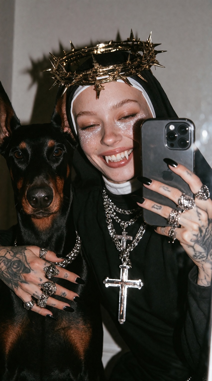 A @skaia_lovernicuz captures a dramatic mirror selfie indoors alongside a sleek Doberman dog. She wears a striking black n...