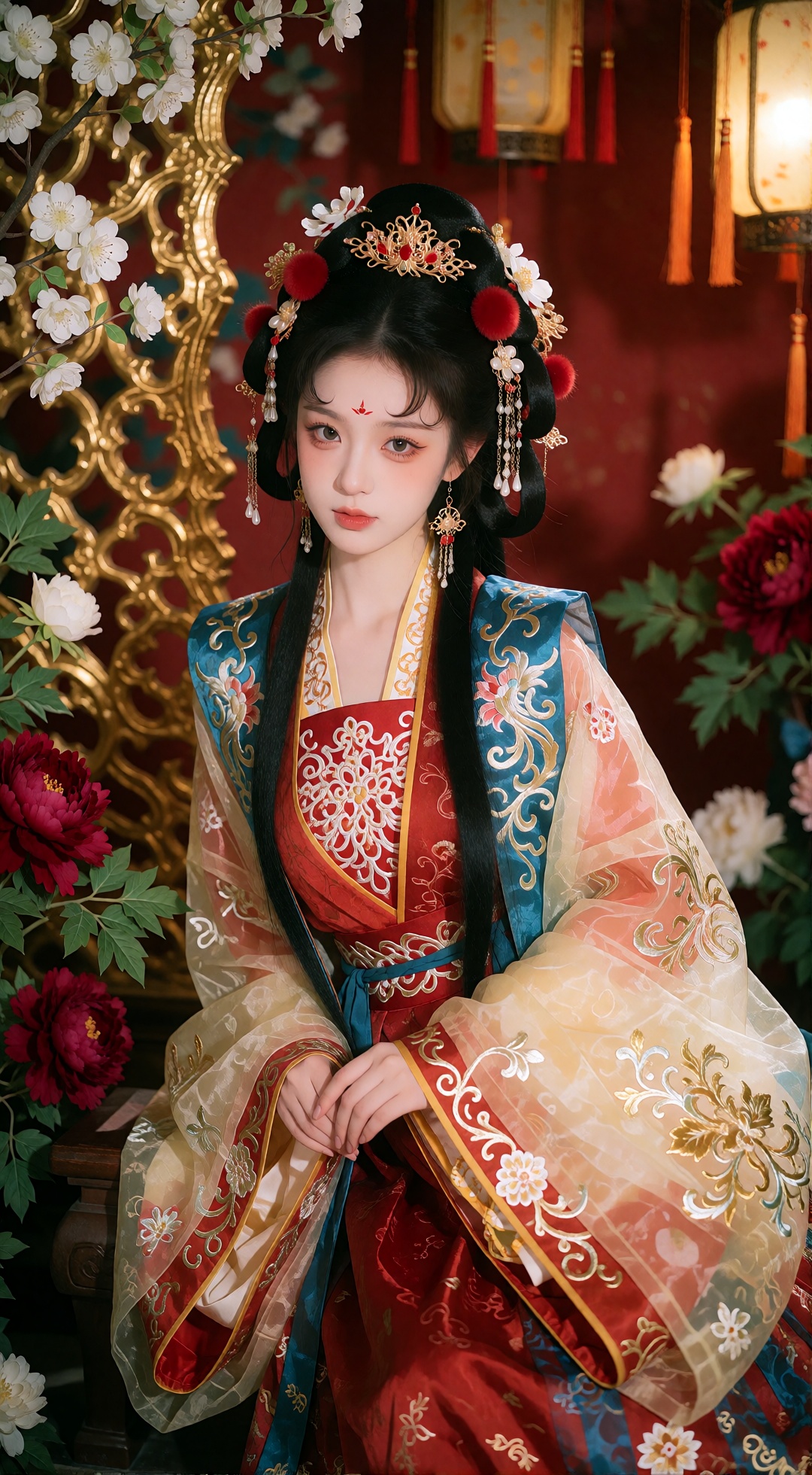 the image portrays a woman in an exquisite traditional chinese hanfu,  adorned with intricate embroidery in red,  blue on...