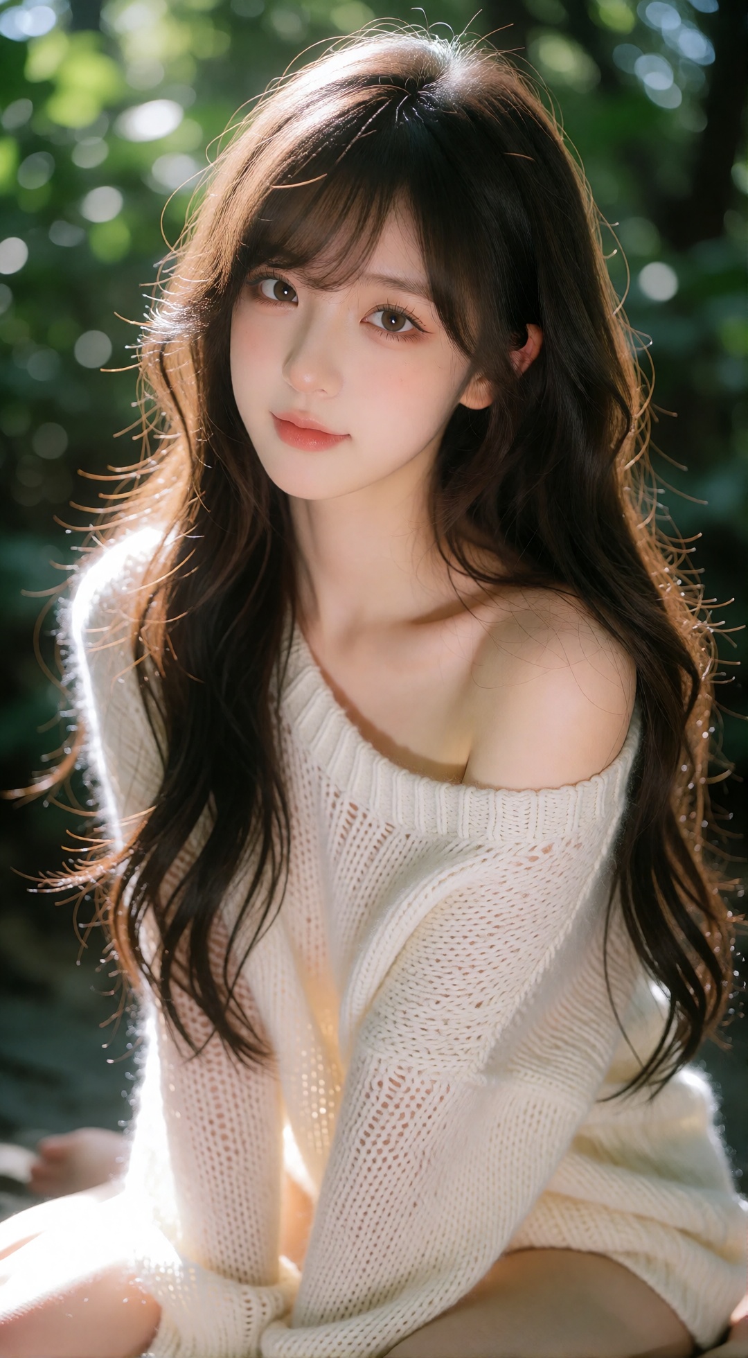 the image features a young woman with long,  wavy brown hair cascading over her shoulders,  softly illuminated by natural...