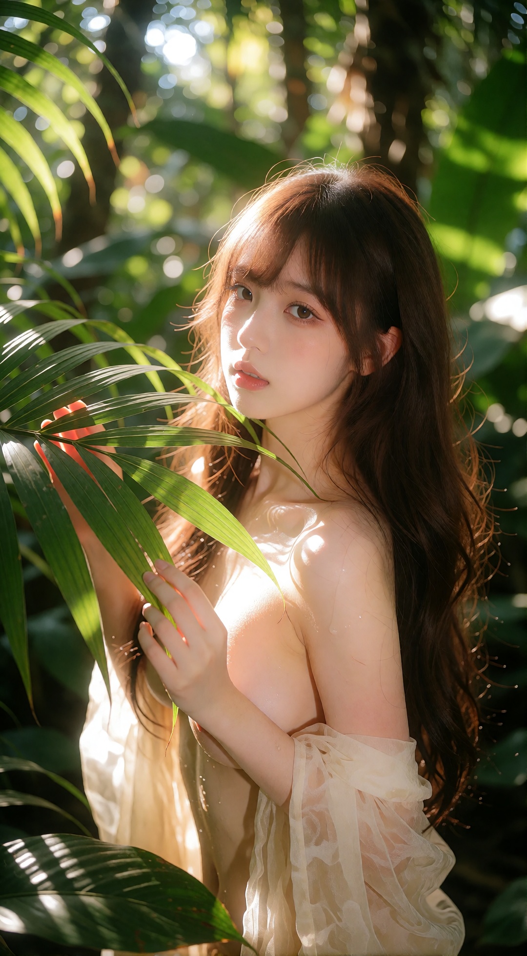 the image captures a serene,  sun-dappled scene in a lush,  tropical forest on Tensor.Art
