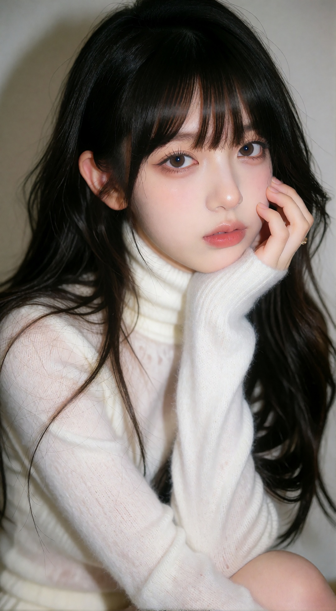 the image features a young woman with long,  dark,  wavy hair and straight bangs that frame her face on Tensor.Art