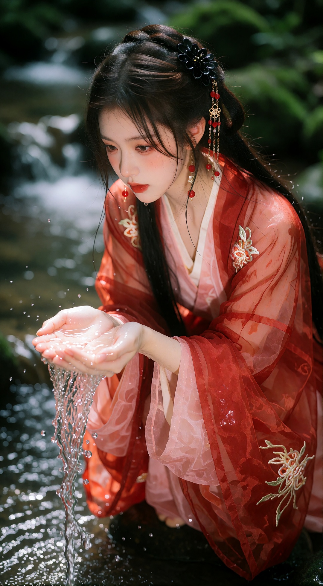 a young woman in traditional chinese attire kneels by a flowing stream,  her hands gently cupped as water cascades between...
