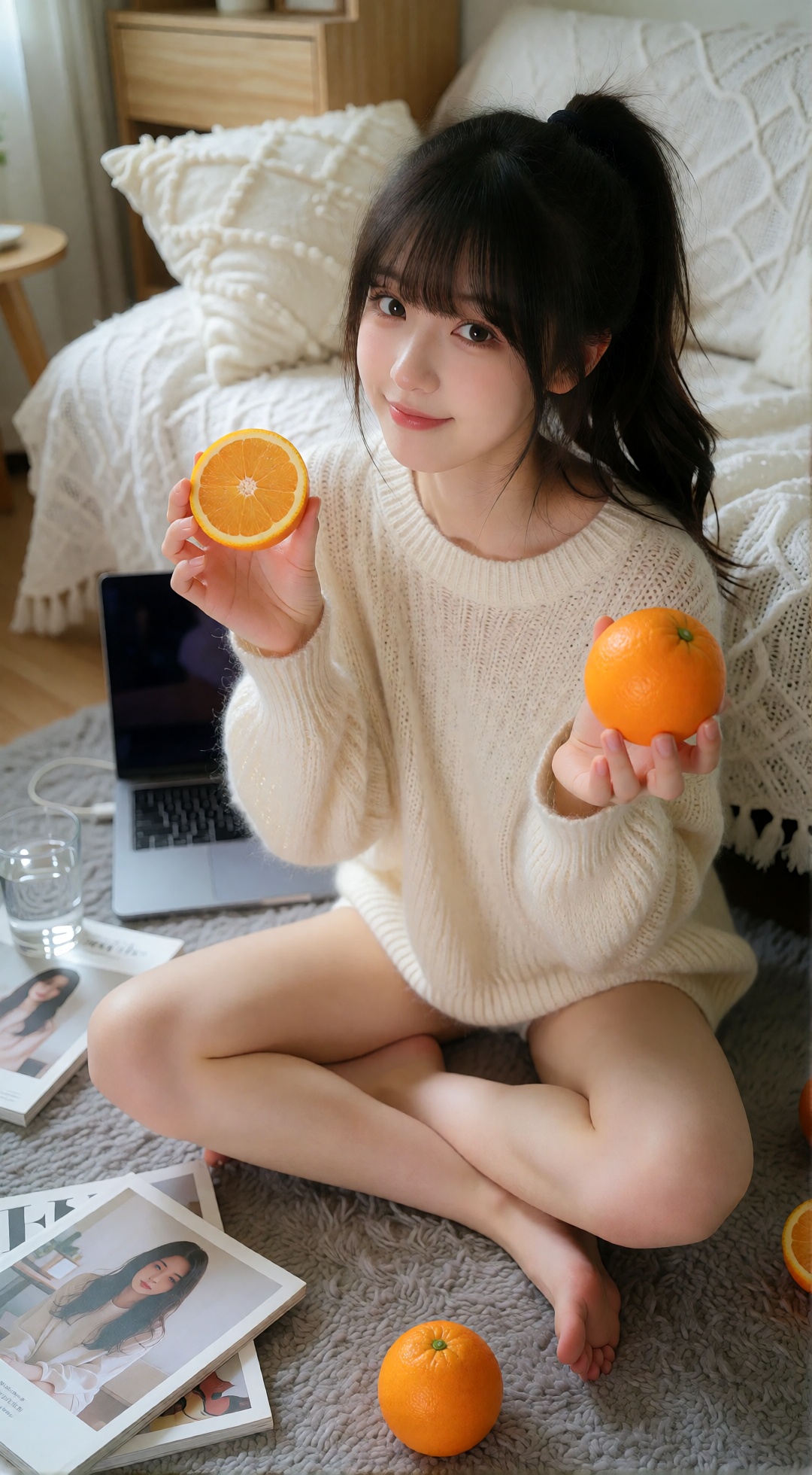 a young woman sits cross-legged on a soft gray carpet in a cozy,  well-lit room,  she wears a loose on Tensor.Art