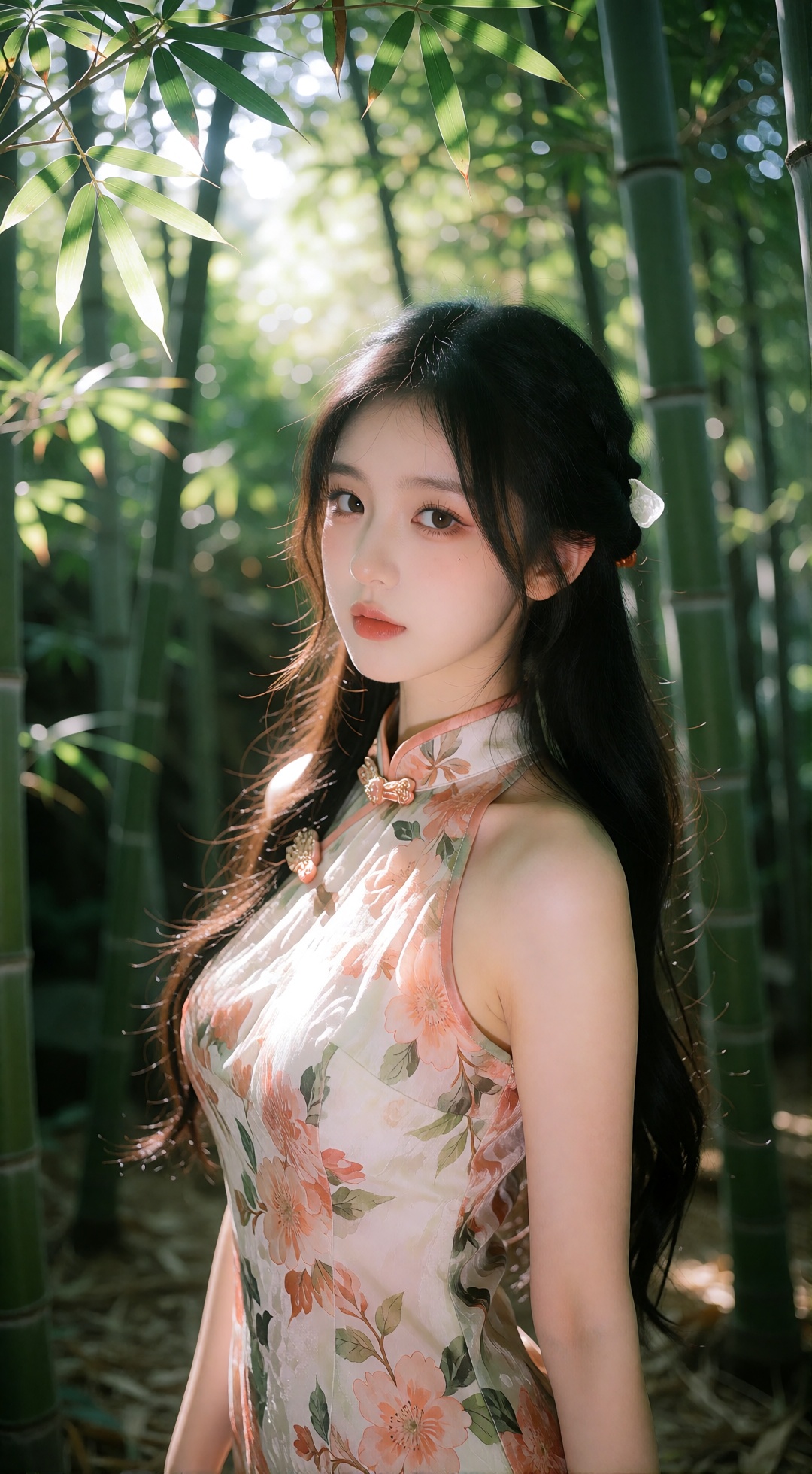 the image captures a serene and elegant scene set in a lush bamboo forest,  a young woman stands gracefully amidst tall,...