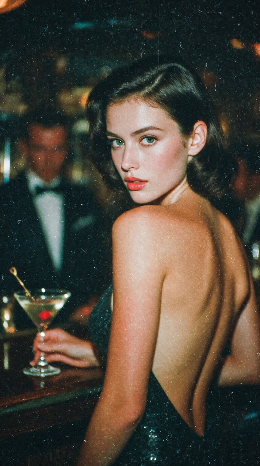A moody,  low-light shot in a bar setting. A woman with a retro bob haircut looks back over her bare shoulder with piercin...