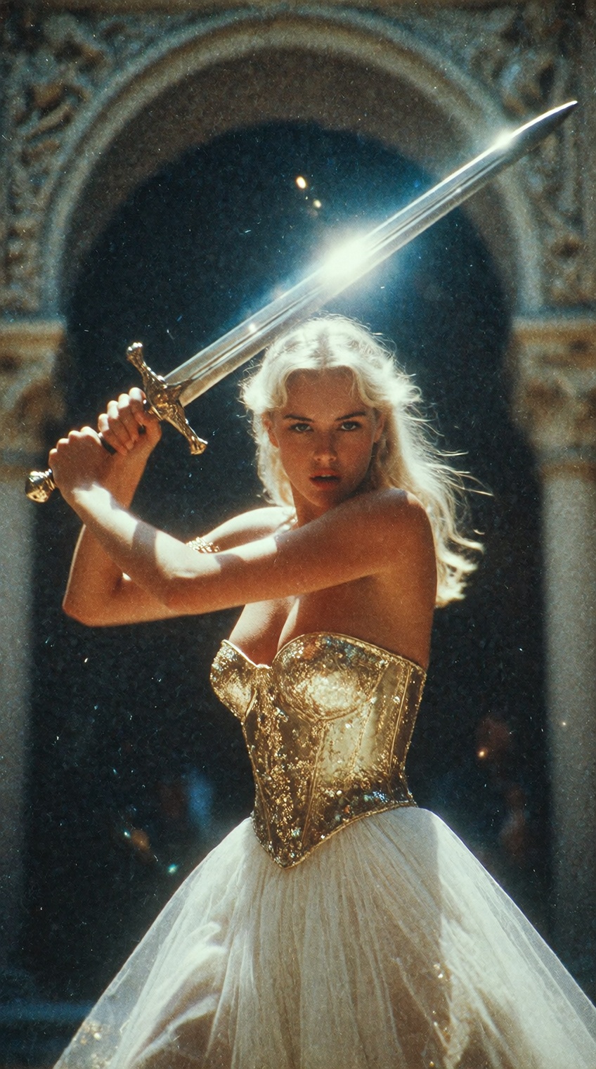 A powerful,  low-angle shot of a blonde woman in a sparkling gold corset and white tulle skirt swinging a longsword. She s...