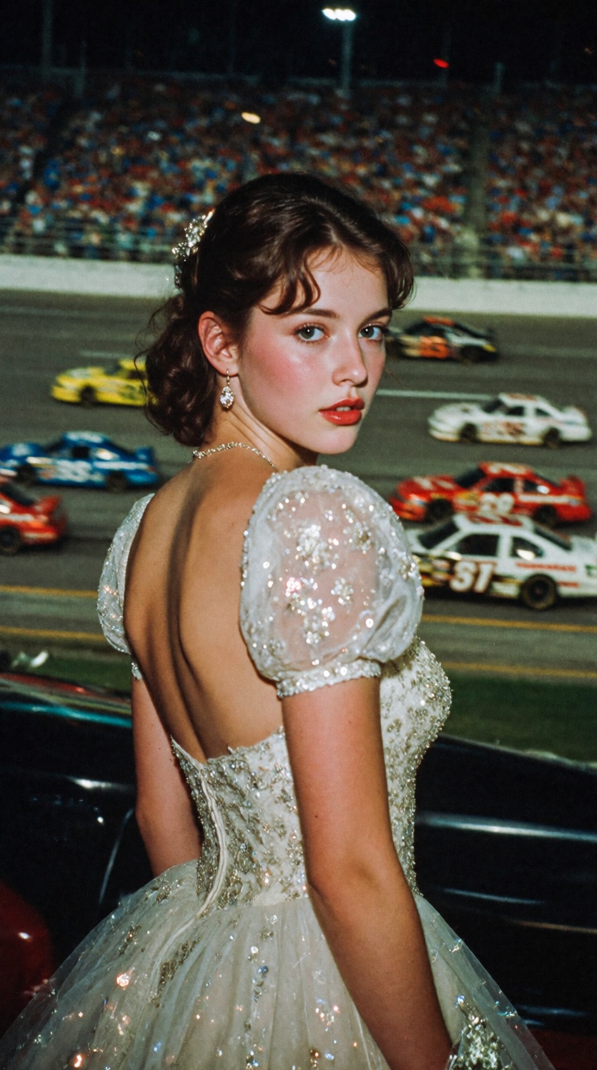 A medium shot of a young woman in a vintage,  sequined puff-sleeve prom dress,  looking back over her shoulder. The backgr...