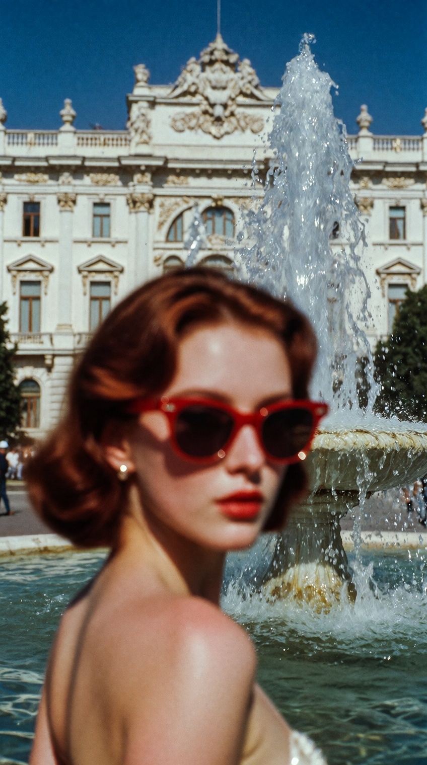 A medium portrait of a woman with auburn bobbed hair and red sunglasses standing in front of a grand,  ornate white buildi...
