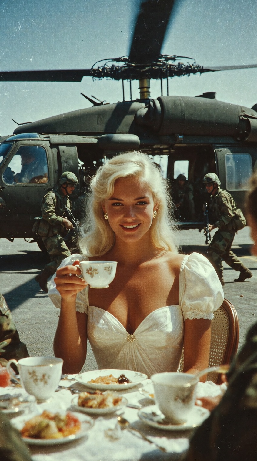 A juxtaposition of luxury and warfare: a blonde woman in an elegant white dress smiles while holding a teacup at a table s...
