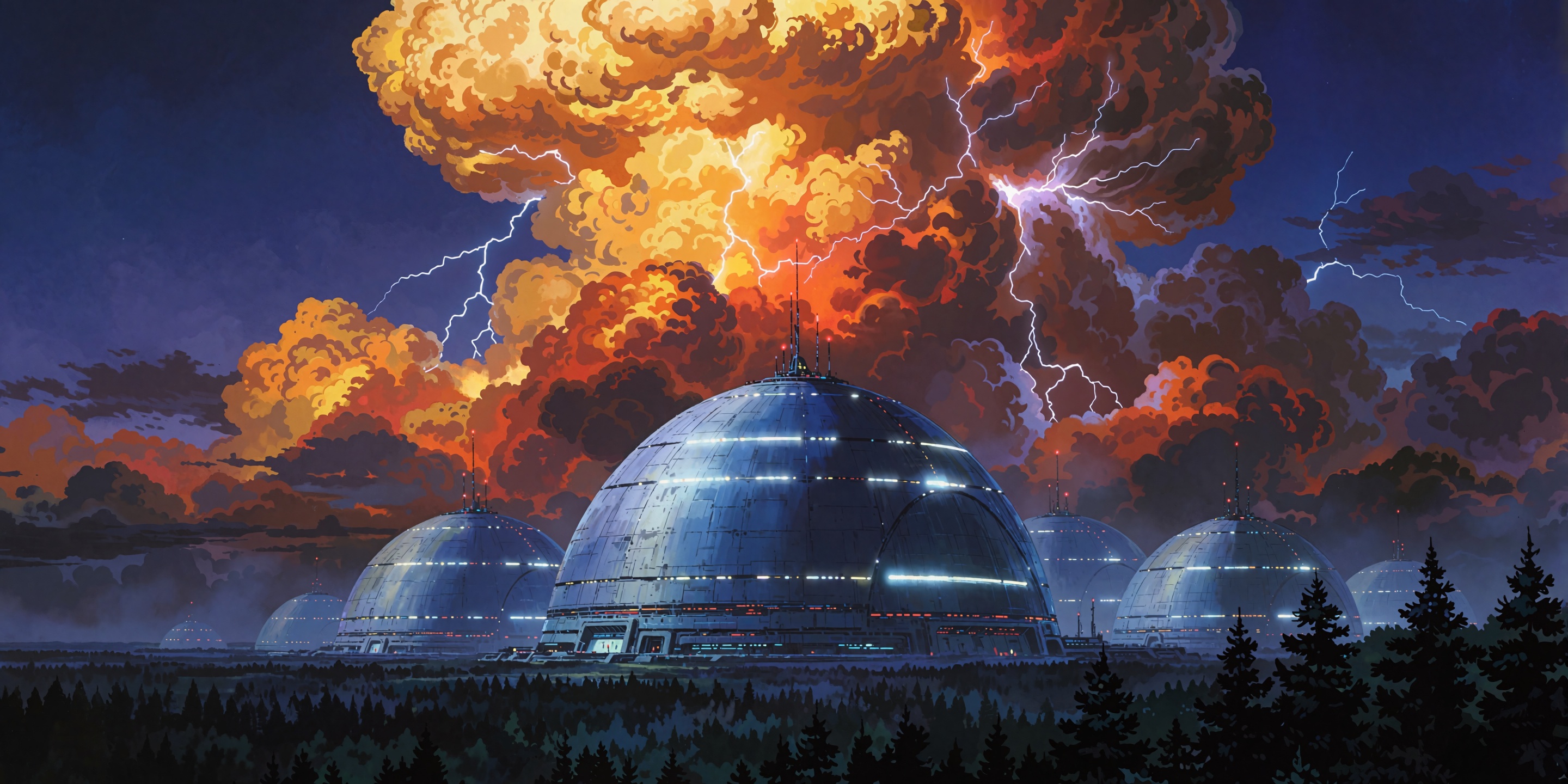 A vast futuristic installation of colossal silver-blue geodesic domes rises from a dark forested plain at twilight,  their...