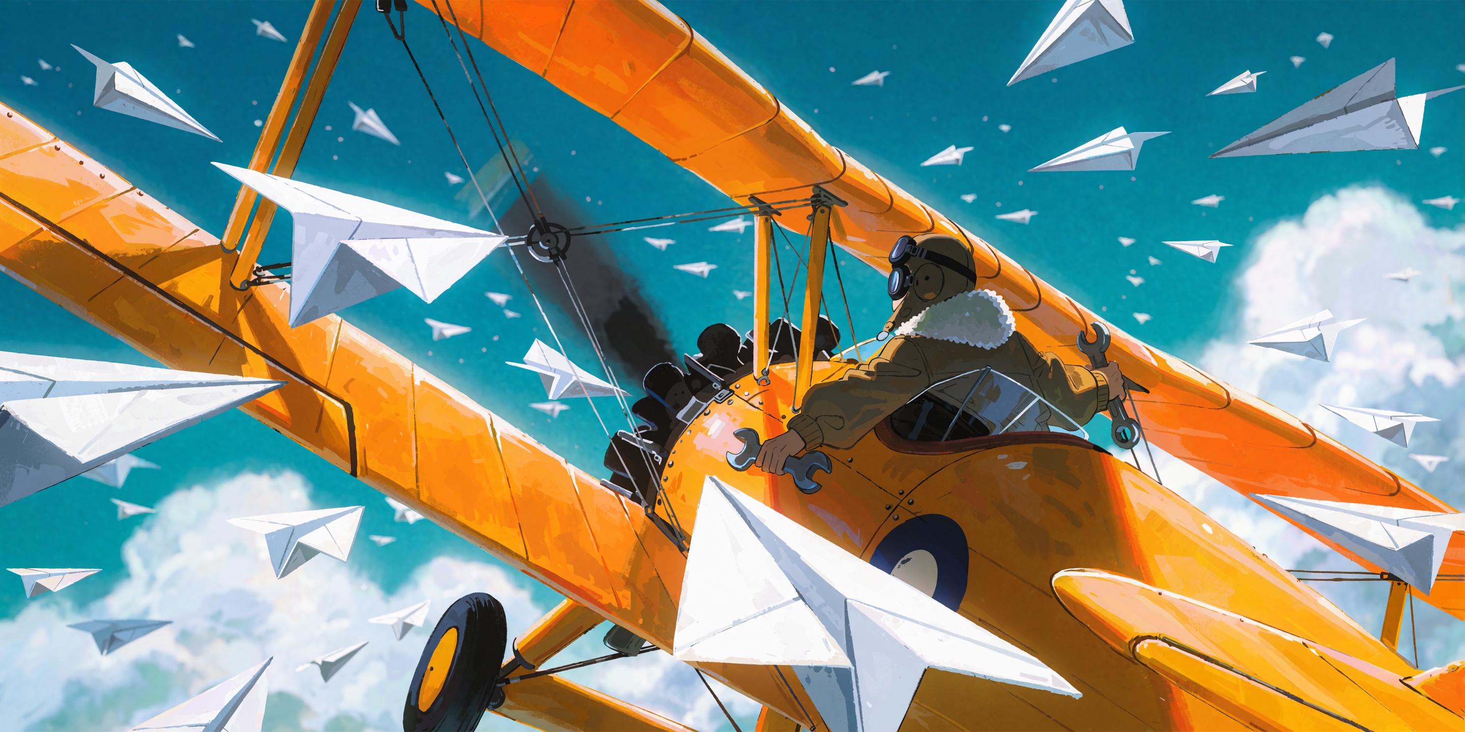 ​A dynamic stylized visual illustration of a young aviator wearing a dark flight cap with goggles and a jacket with a fluf...