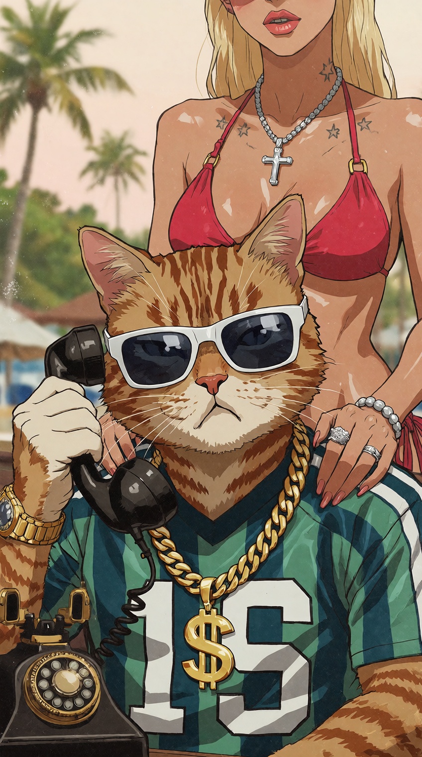 A stylized animation-style portrays an anthropomorphic orange tabby cat embracing a luxurious streetwear persona in a sunn...