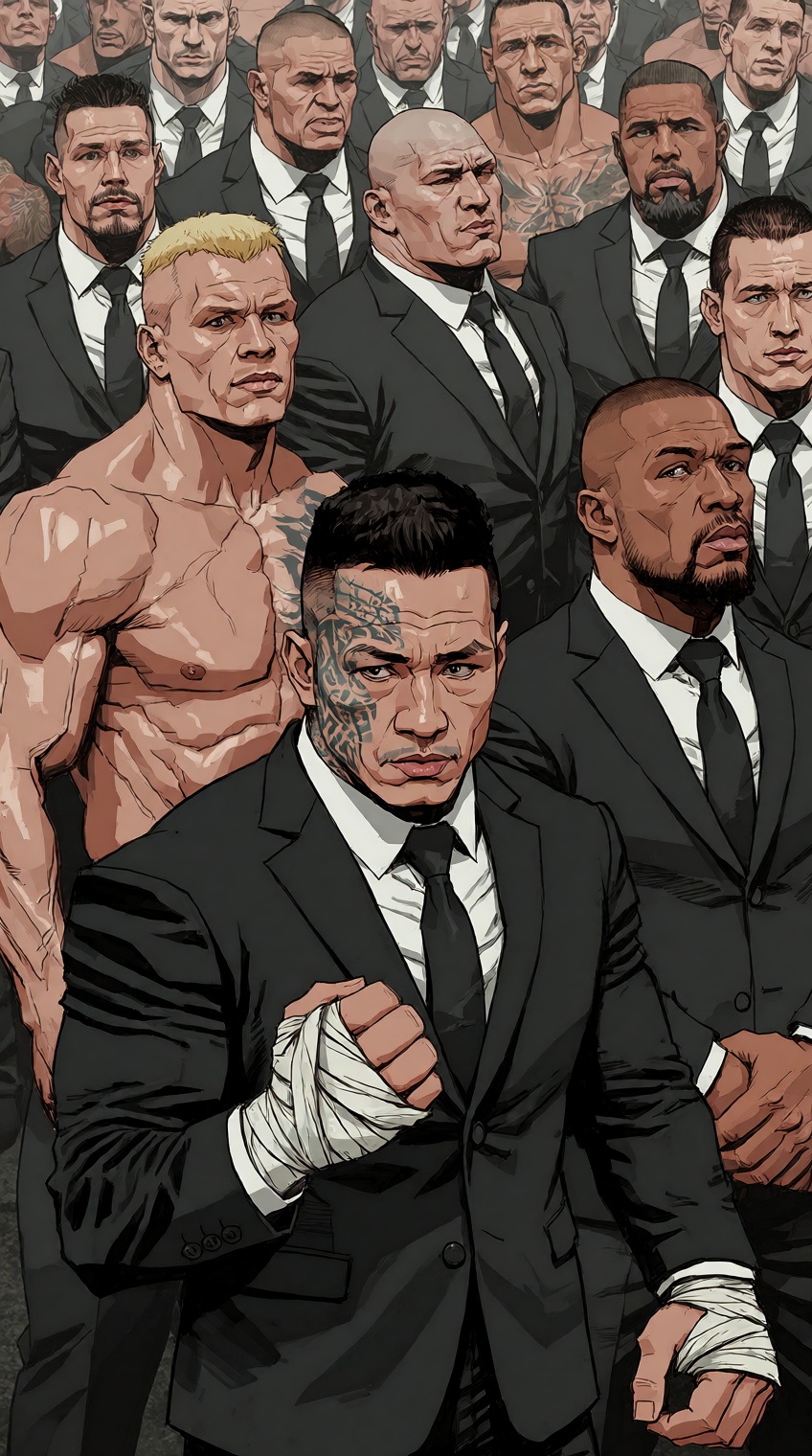 A graphic comic-style illustration depicts a formidable crowd of muscular men standing close together in identical black b...