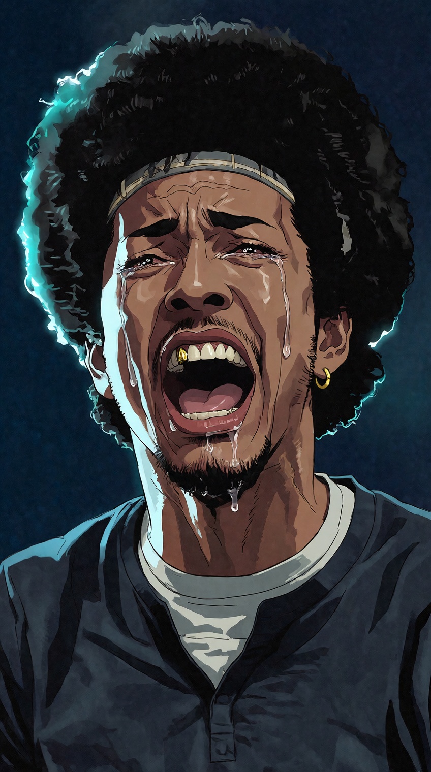 A stylized animation-style portrait captures a man crying out in overwhelming anguish against a dark navy backdrop. He has...