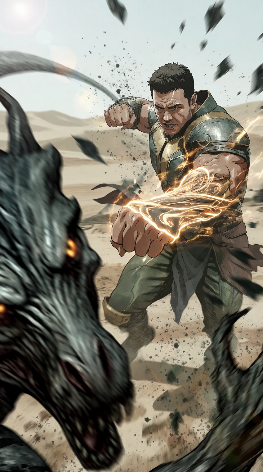 A dynamic digital action illustration portrays an armored hero delivering a powerful punch toward a monstrous beast across...