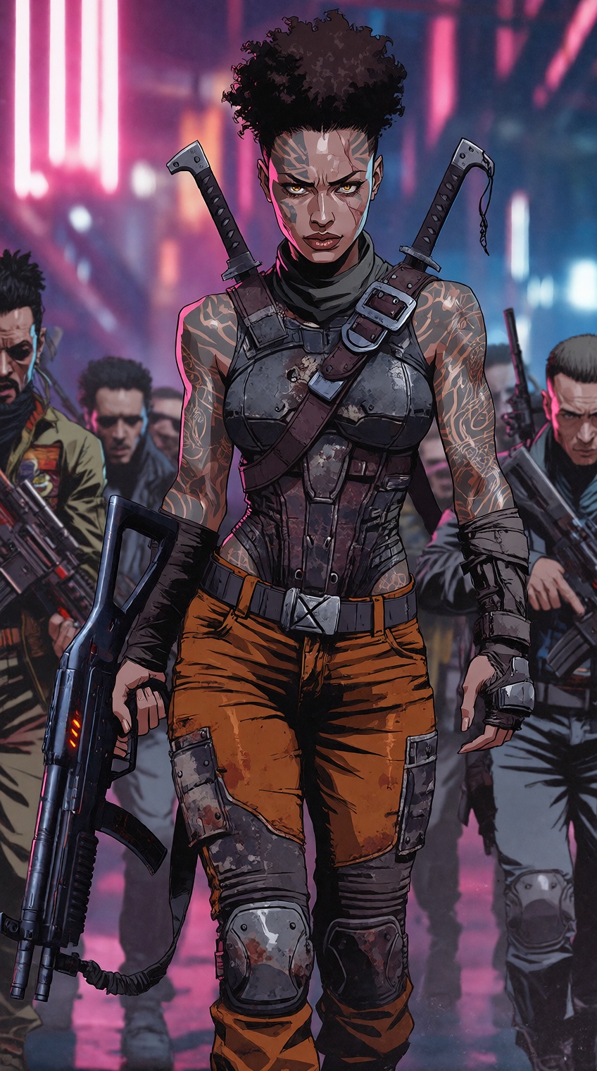 A graphic comic-style illustration depicts a fierce warrior woman walking forward at the head of an armed squad along a ne...