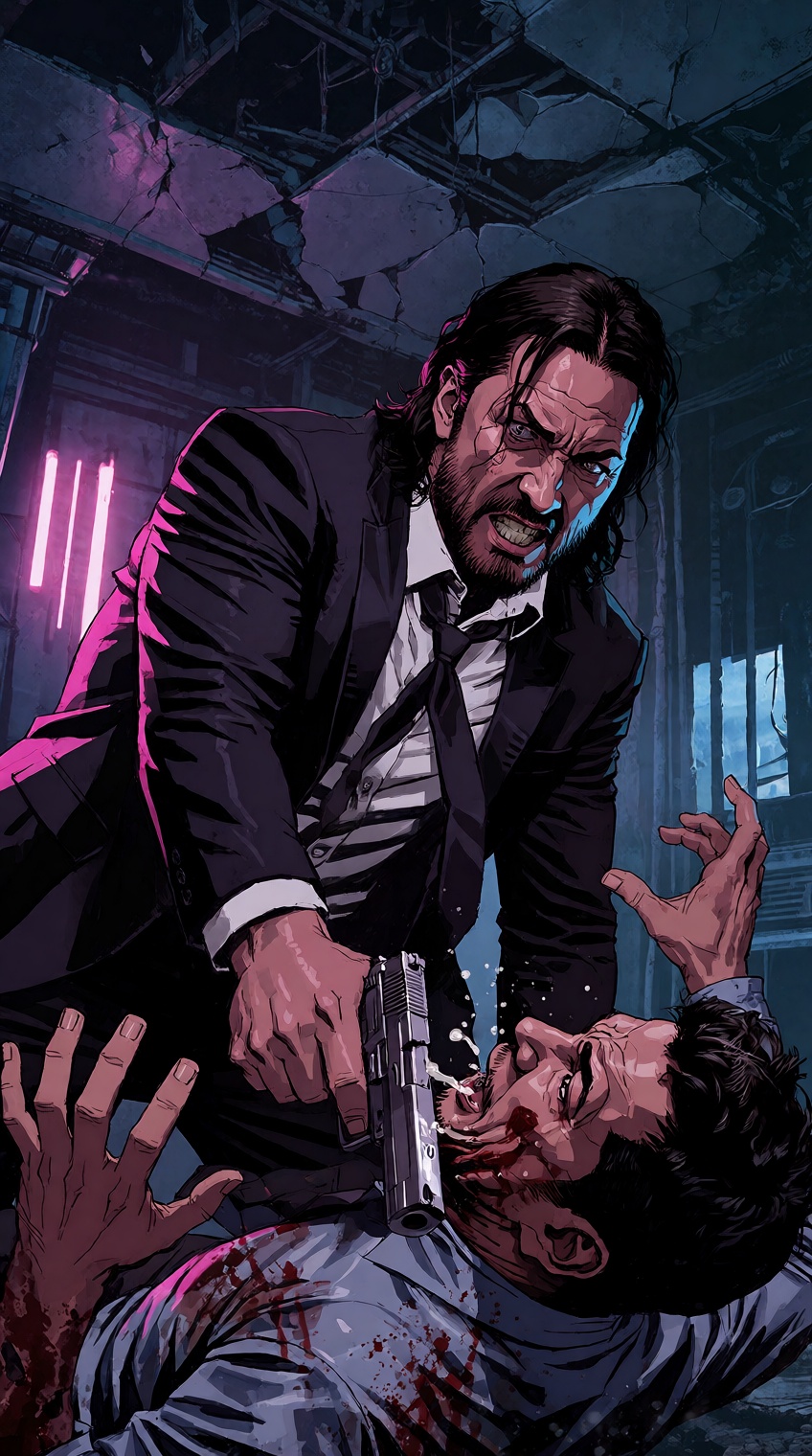 A neon-noir comic illustration captures an intense close-quarters confrontation inside a damaged room. Leaning aggressivel...