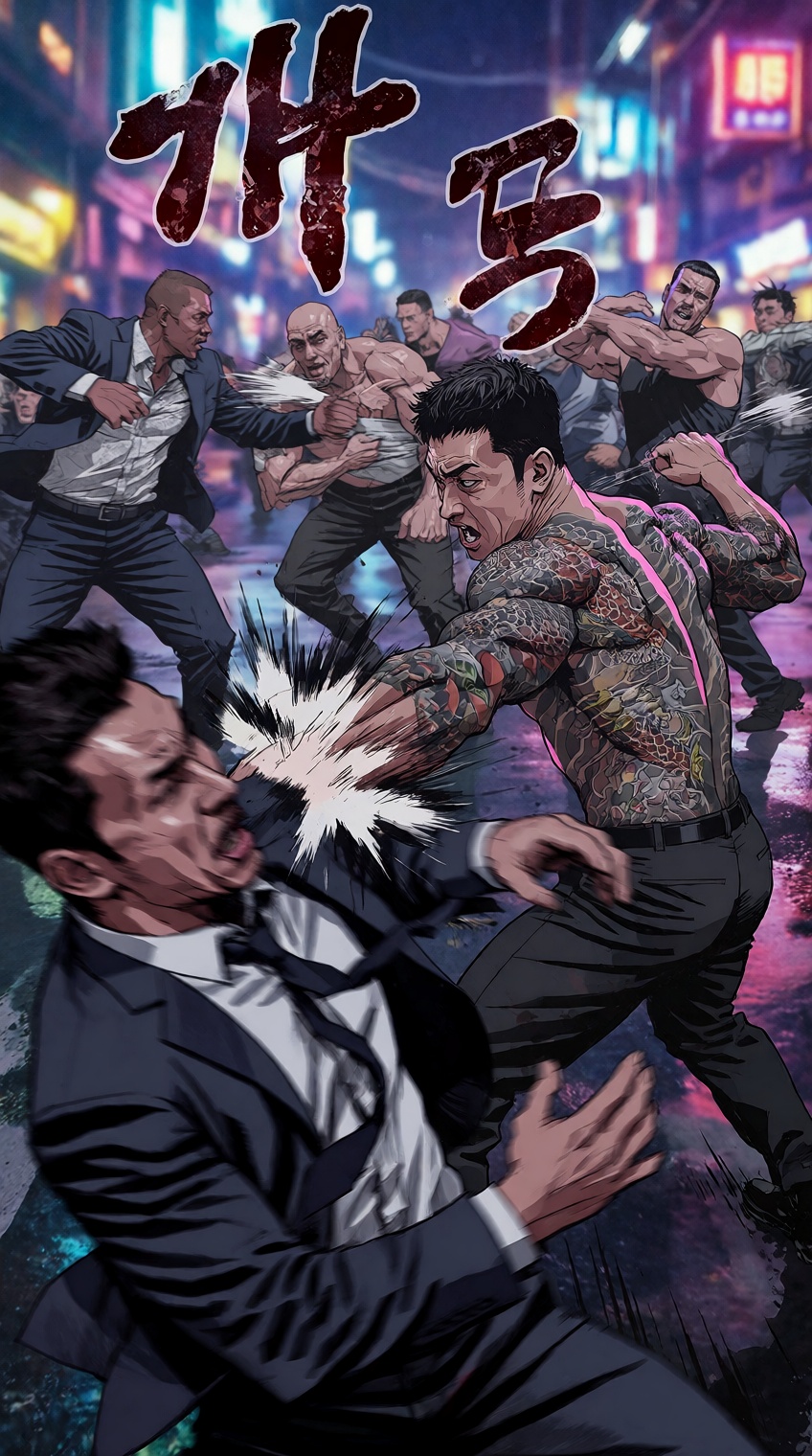 A dynamic comic-style action panel portrays a chaotic nighttime street fight bursting with kinetic energy. In the center,...