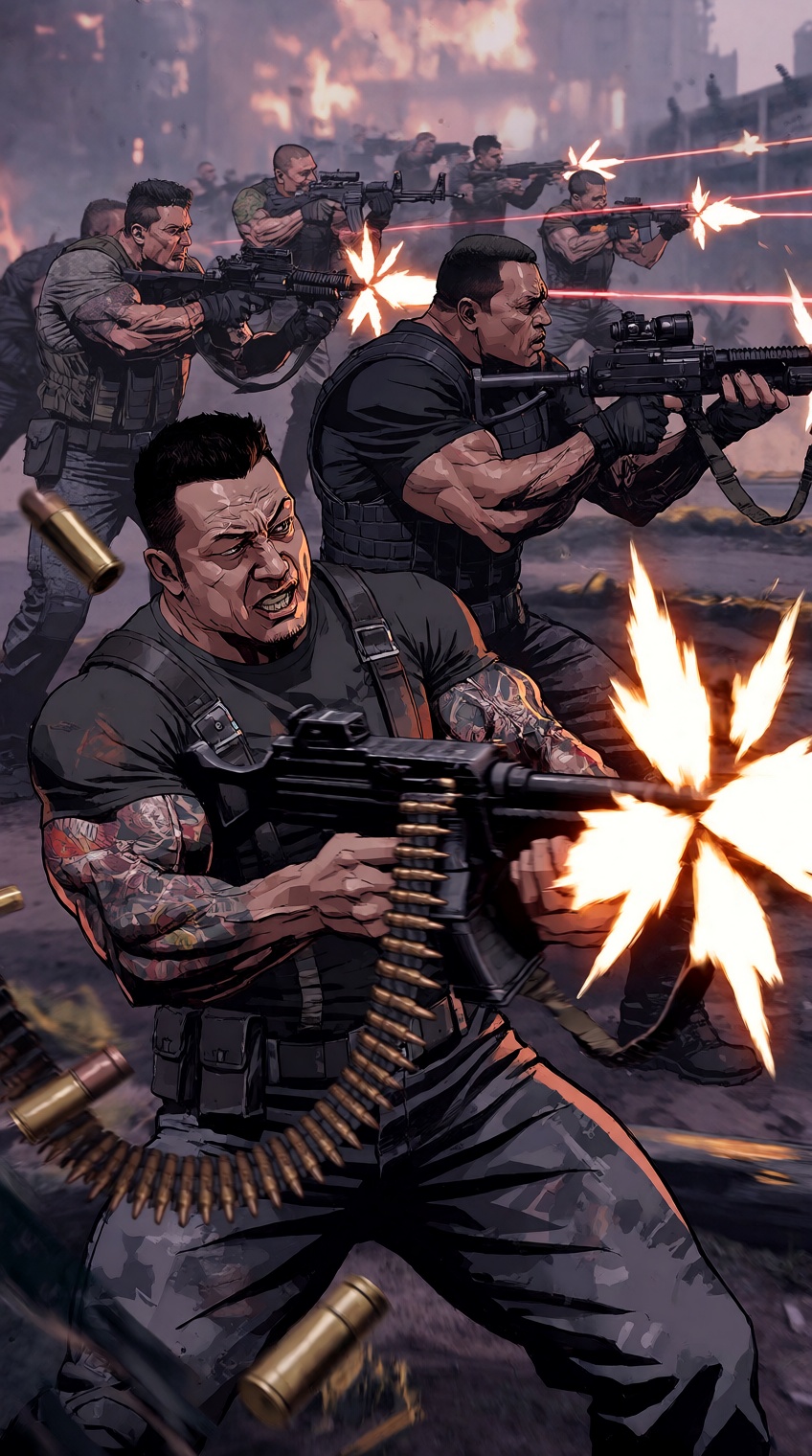 A dramatic comic-style illustration captures a squad of muscular soldiers engaged in a chaotic firefight on a smoky battle...