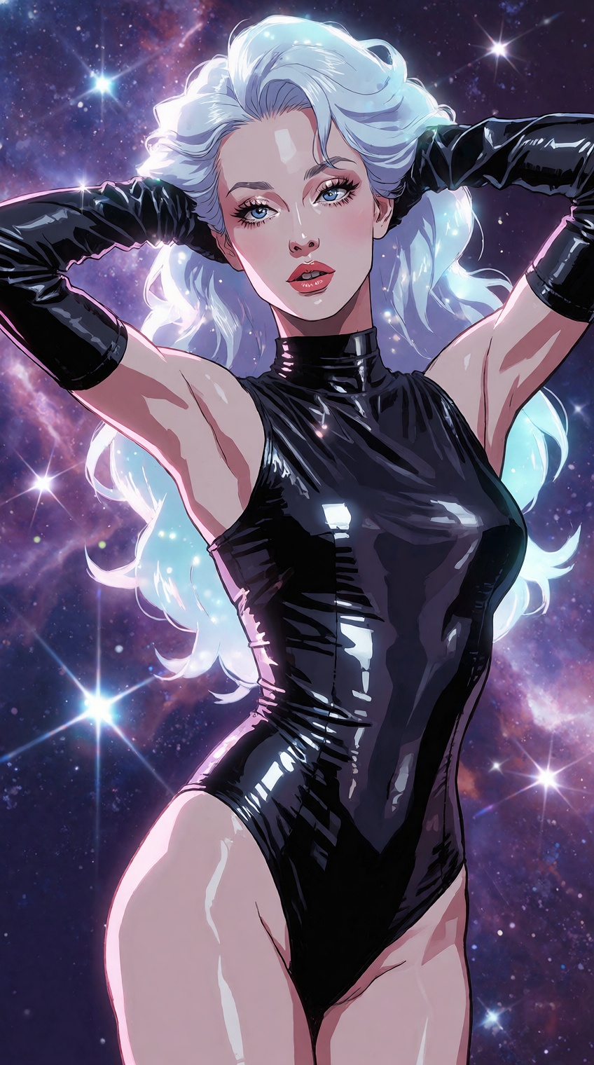 A graphic comic-style illustration depicts a elegant woman posing gracefully against a deep cosmic backdrop. Raising both...