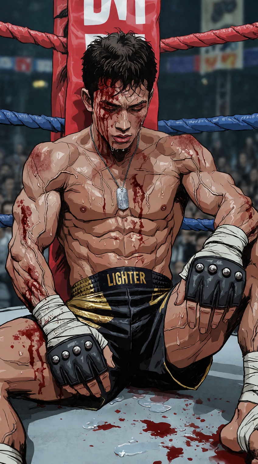 A dynamic comic-style action panel portrays a exhausted,  heavily muscled young fighter sits slumped on the wet canvas in...