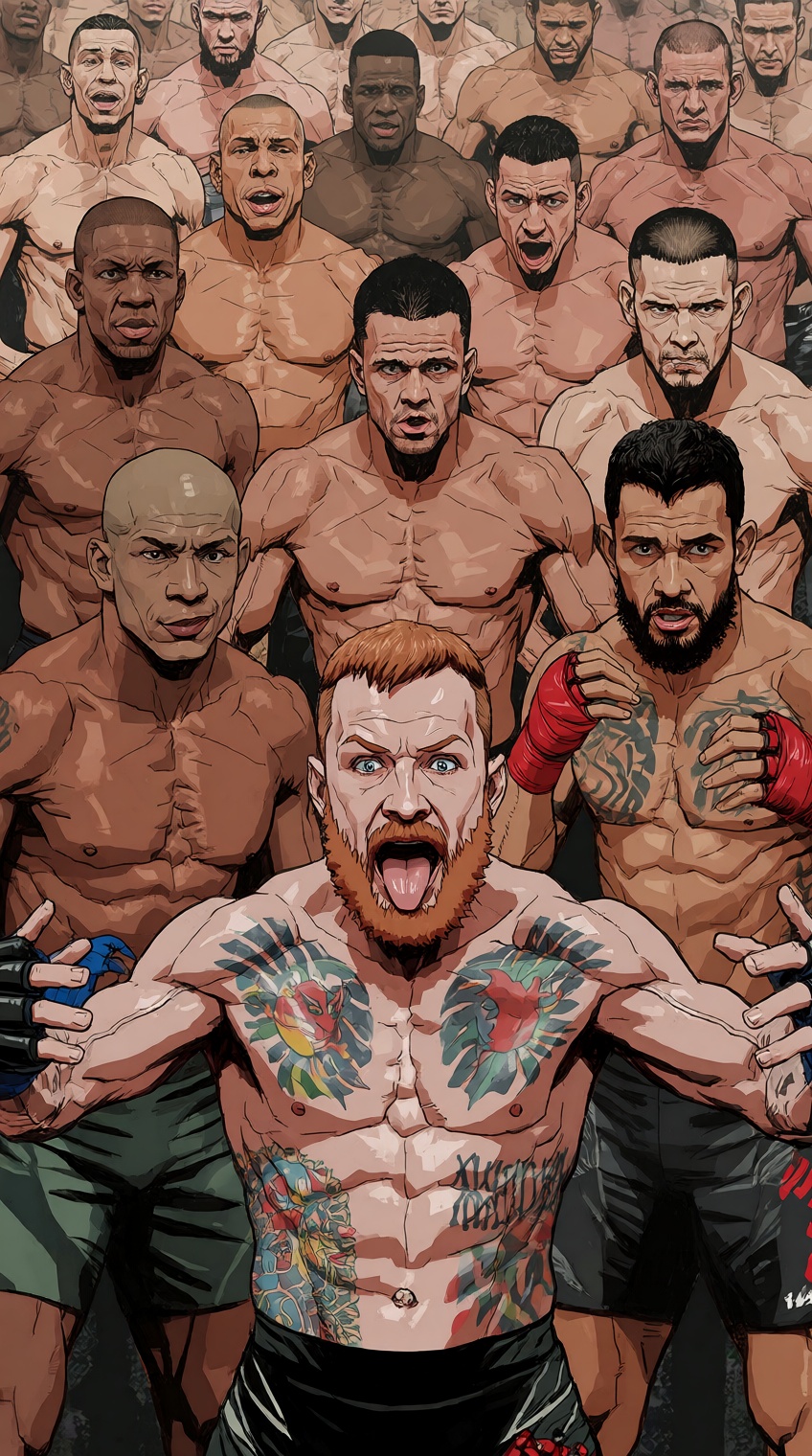 A graphic comic-style illustration features a densely packed crowd of muscular mixed martial arts fighters poised in inten...