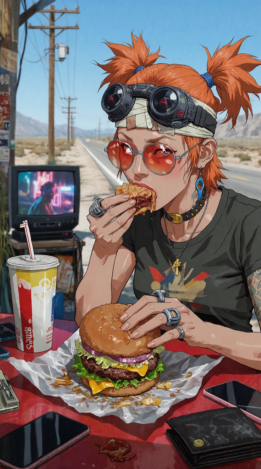 A digital concept illustration depicts a futuristic young woman enjoying a meal at an outdoor table beside a desert highwa...