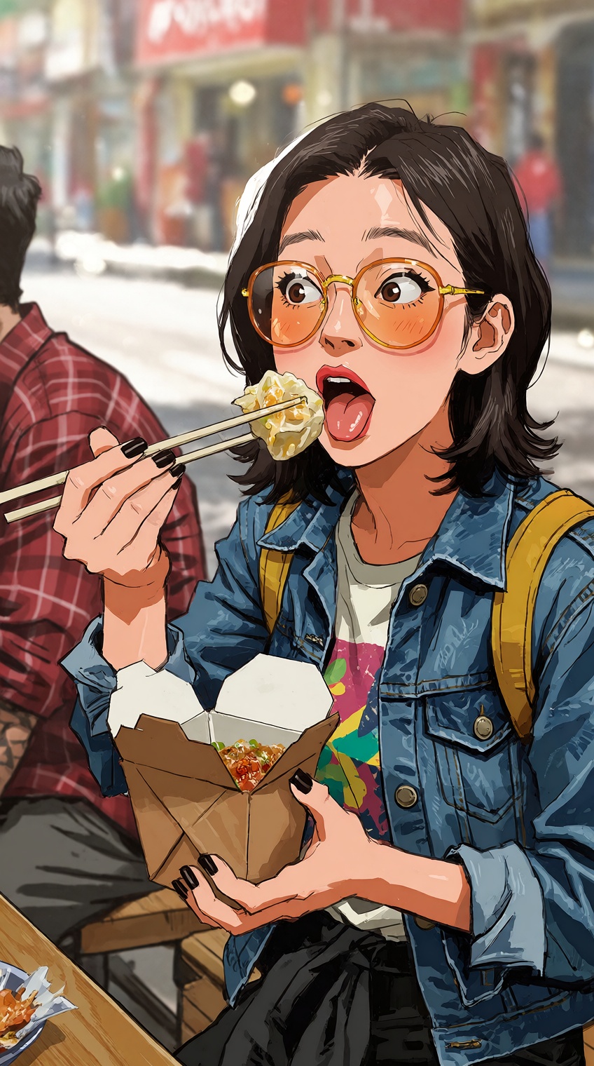 A vibrant digital illustration captures an expressive young woman enjoying a street-food meal in a casual urban setting. S...