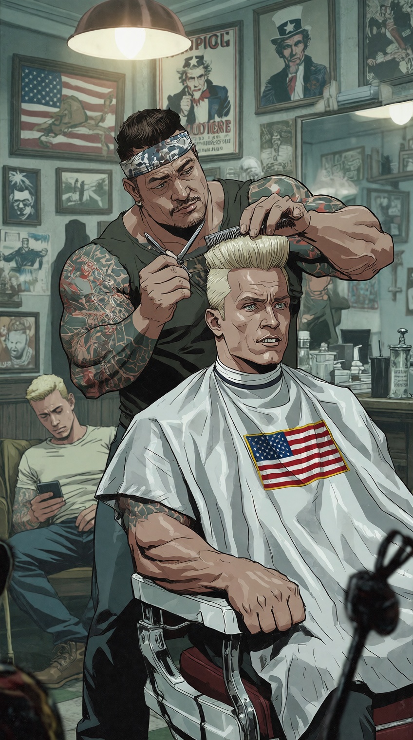 A stylized graphic comic illustration captures a slice-of-life scene inside a vintage barbershop. In the center,  a muscul...