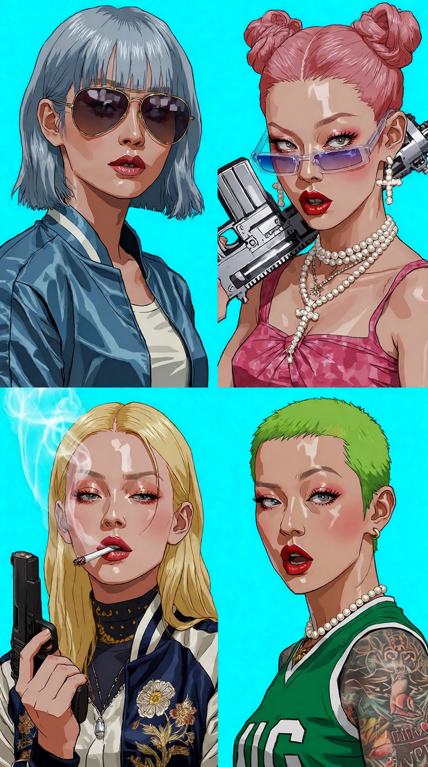 A four-panel digital illustration displays four stylized portraits of fashionable women arranged in a two-by-two grid agai...