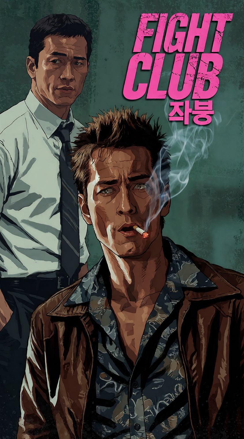 A graphic comic-style poster features two stylized men set against a textured,  dark teal-green backdrop. In the foregroun...
