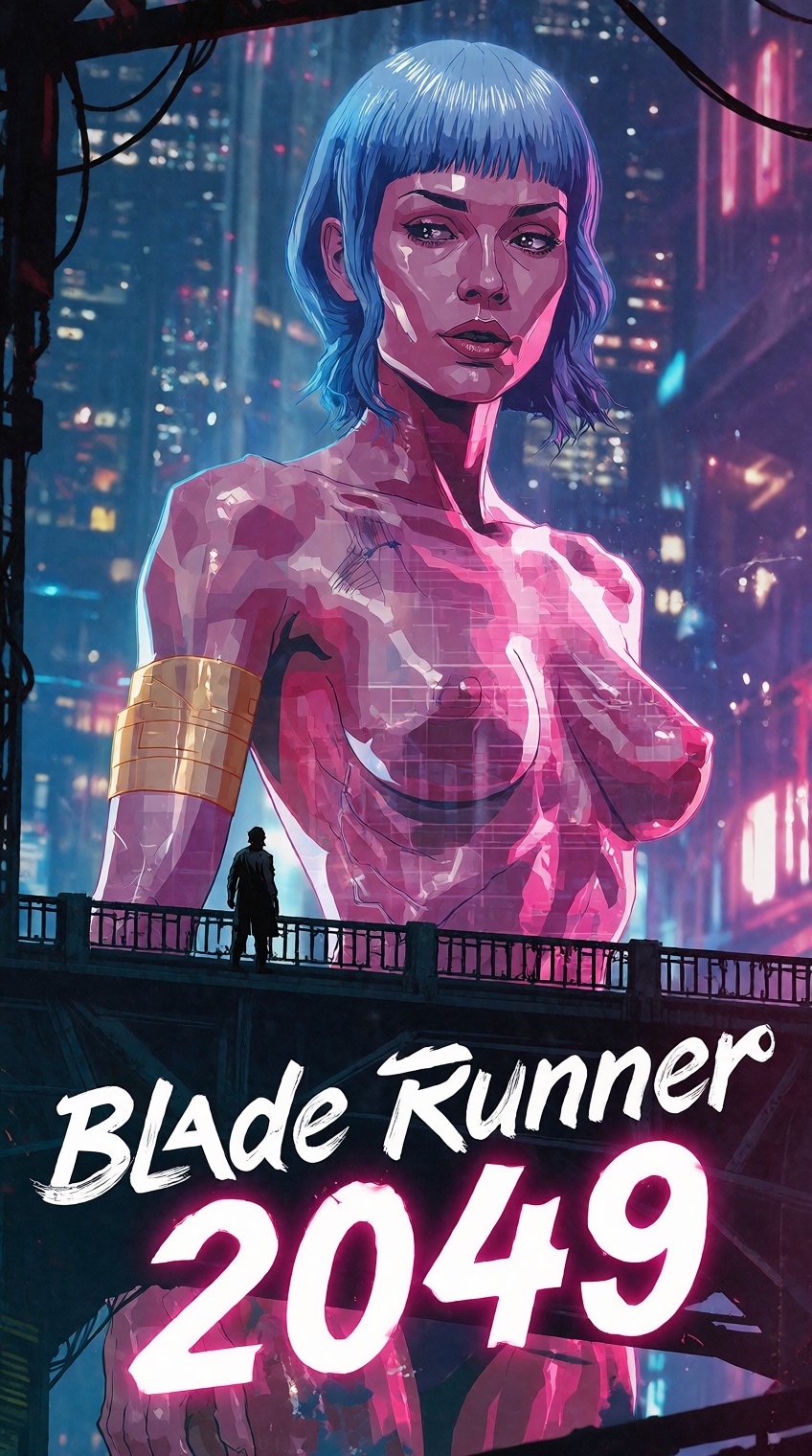 A dynamic comic-style stylized poster for Blade Runner 2049 depicts a monumental holographic woman towering over a neon-li...
