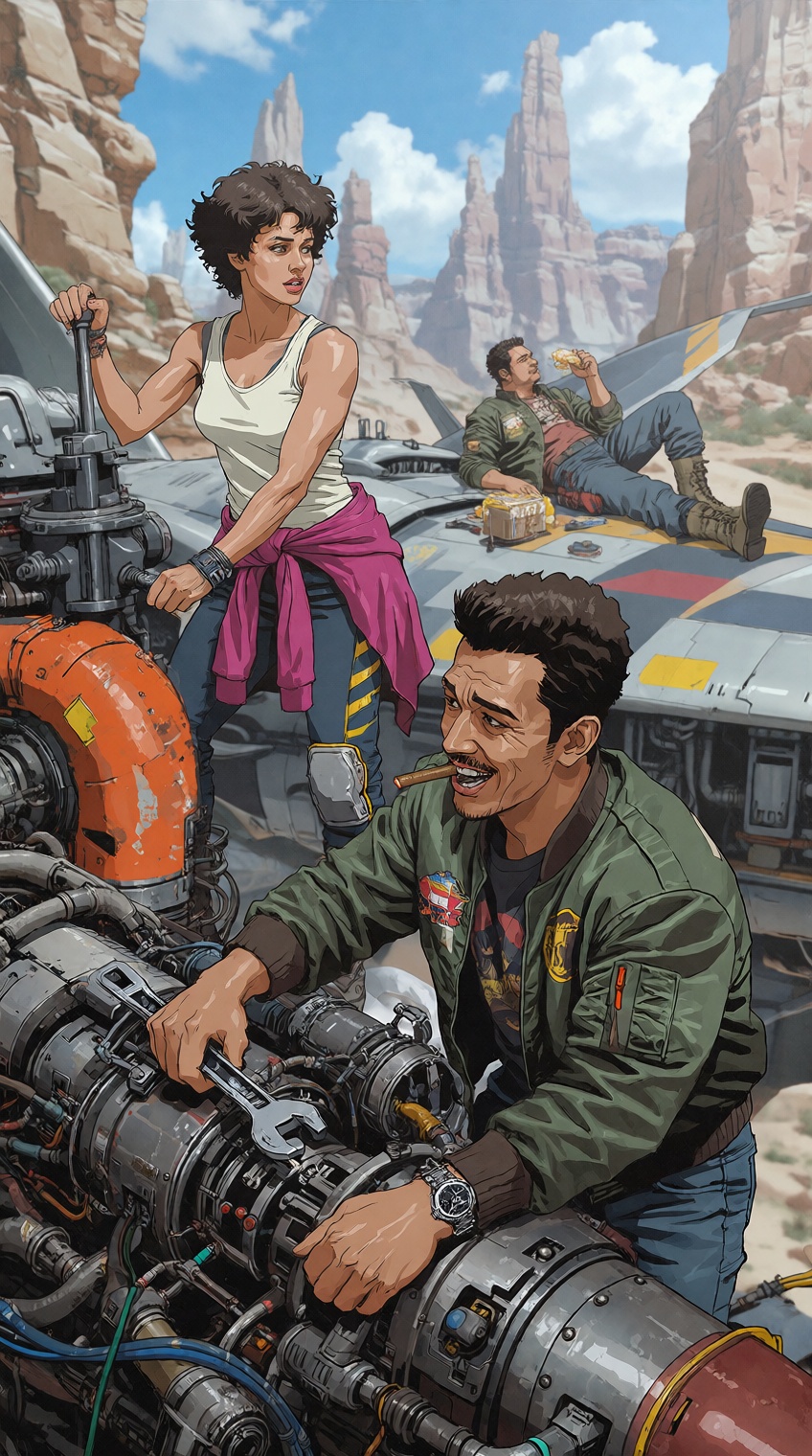 A vibrant sci-fi concept illustration portrays a maintenance crew working on a spacecraft beside towering desert canyons....