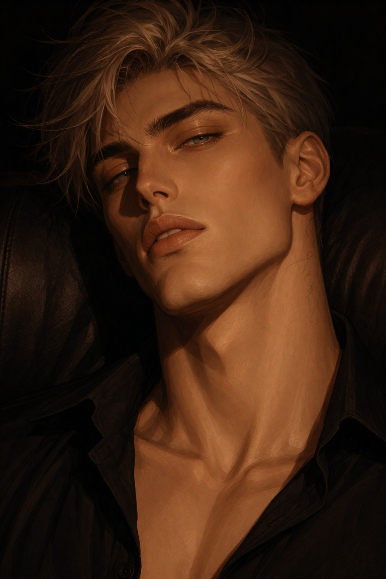 [TRIGGER],  tight close-up portrait from the upper chest up,  an exceptionally attractive 26-year-old man reclining agains...