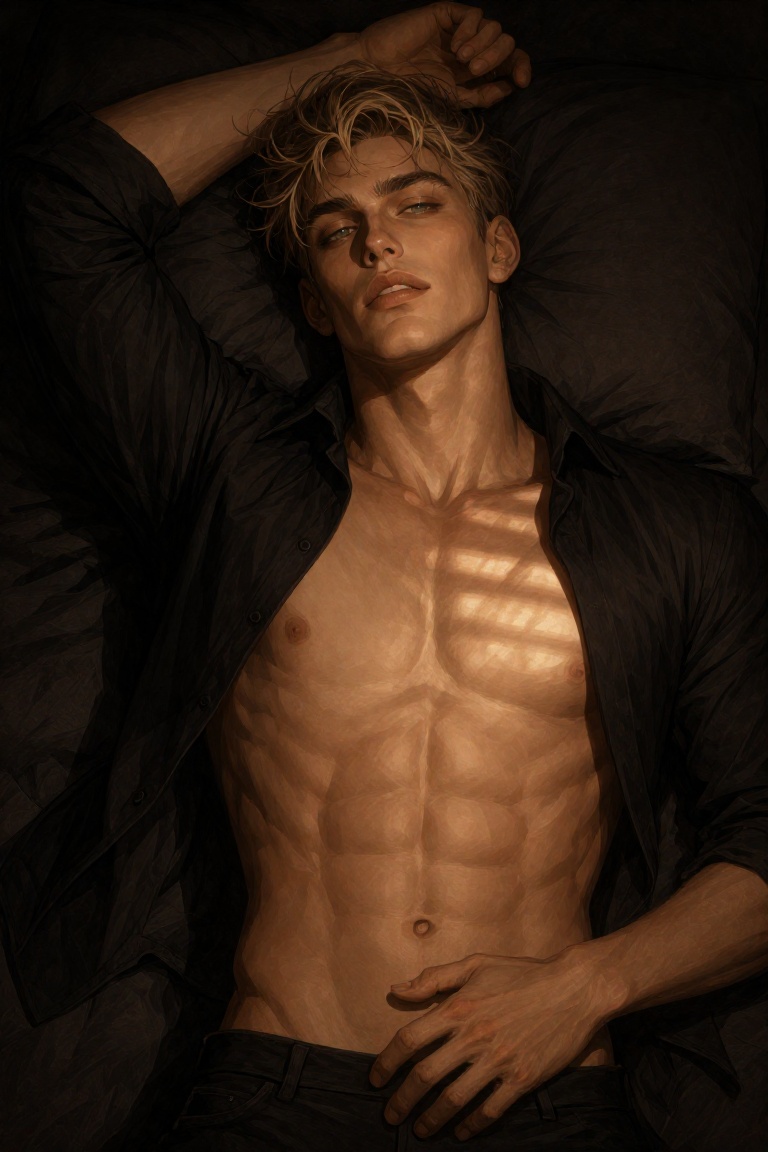 [TRIGGER],  overhead cinematic portrait of an exceptionally handsome 27-year-old blond man lying on his back across dark r...
