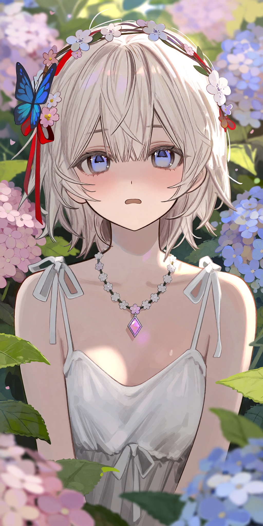 A single young female anime-style human subject with short,  straight silvery-white hair,  layered bangs on Tensor.Art