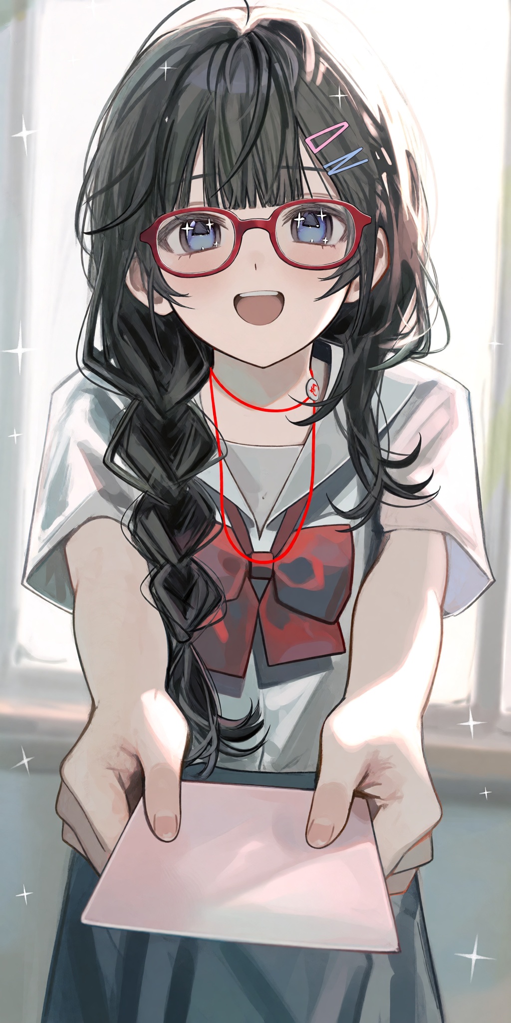 A single young female anime-style human subject with long,  dark grey or black hair,  styled in a loose side braid with st...