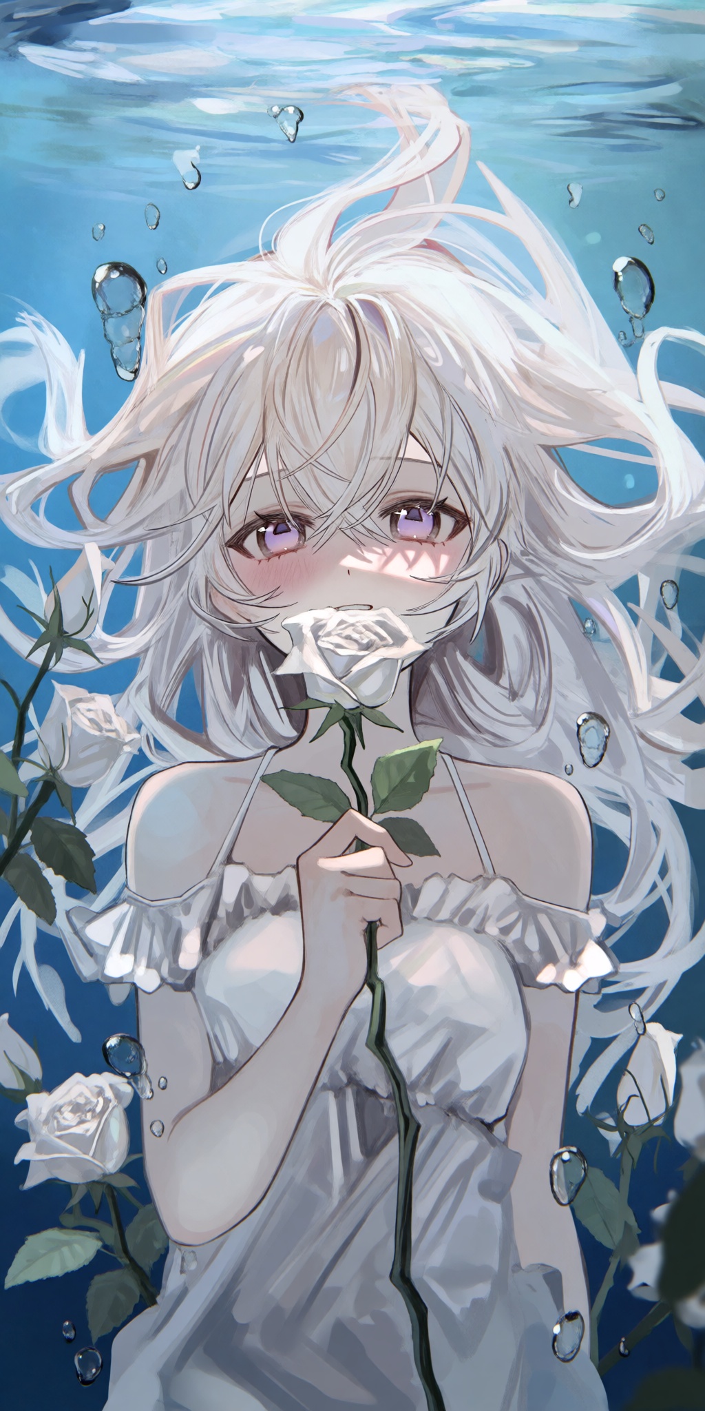 A single young female anime-style human subject submerged underwater,  with long,  flowing silvery-white hair floating upw...
