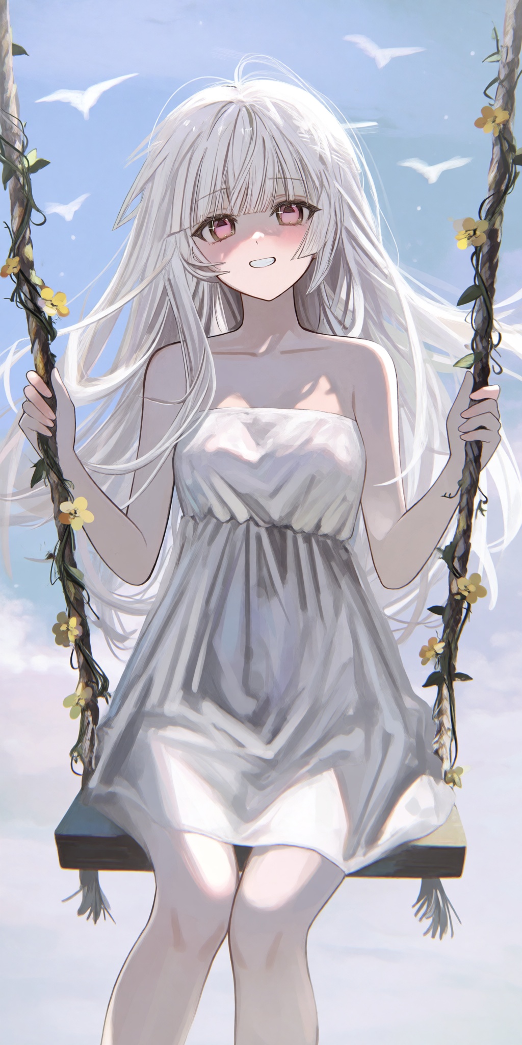 A single young female anime-style human subject with long,  flowing white hair,  straight bangs on Tensor.Art