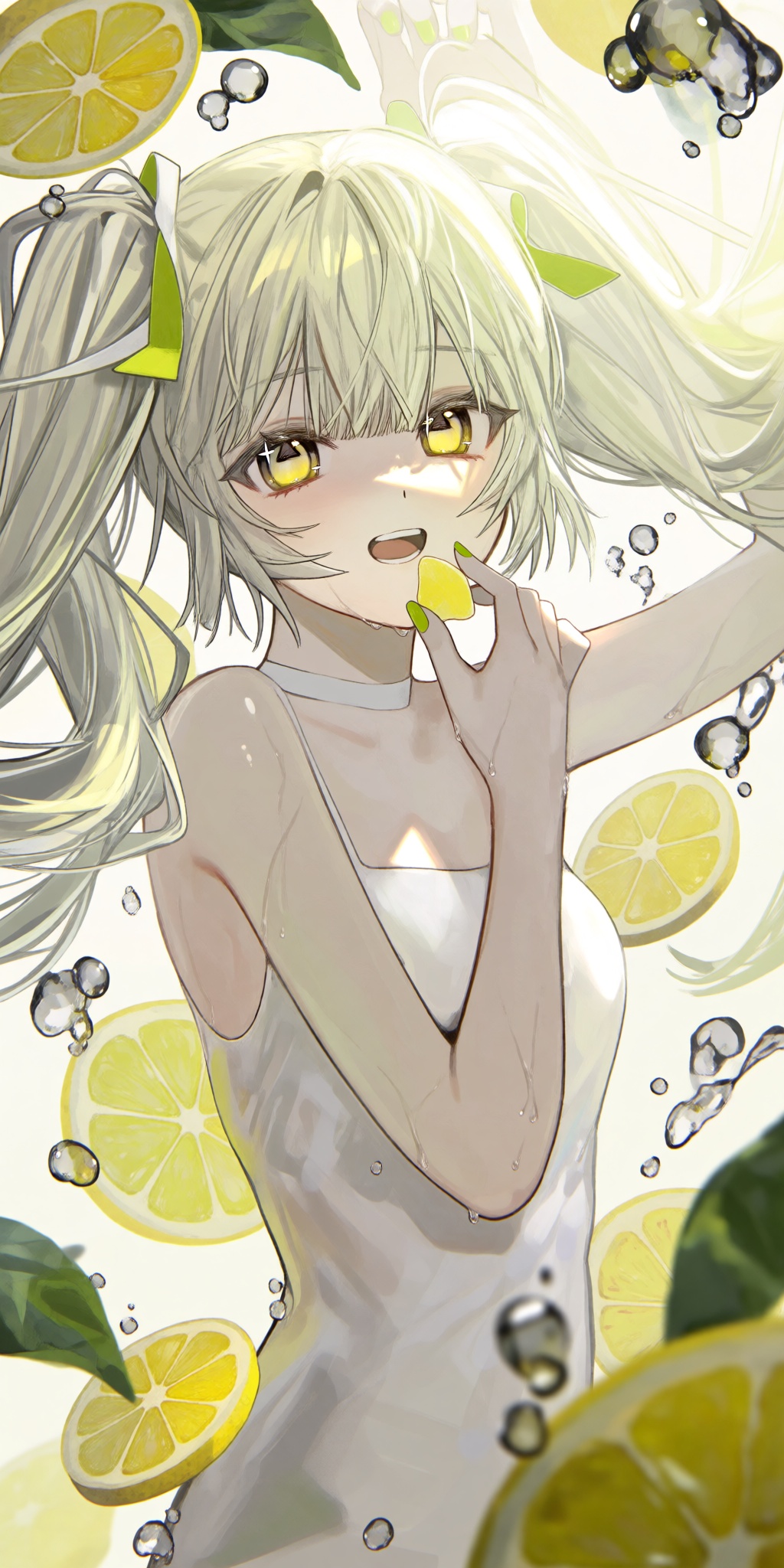 A single young female anime-style human subject with long,  flowing pale blonde or silvery-white hair tied in high twin pi...