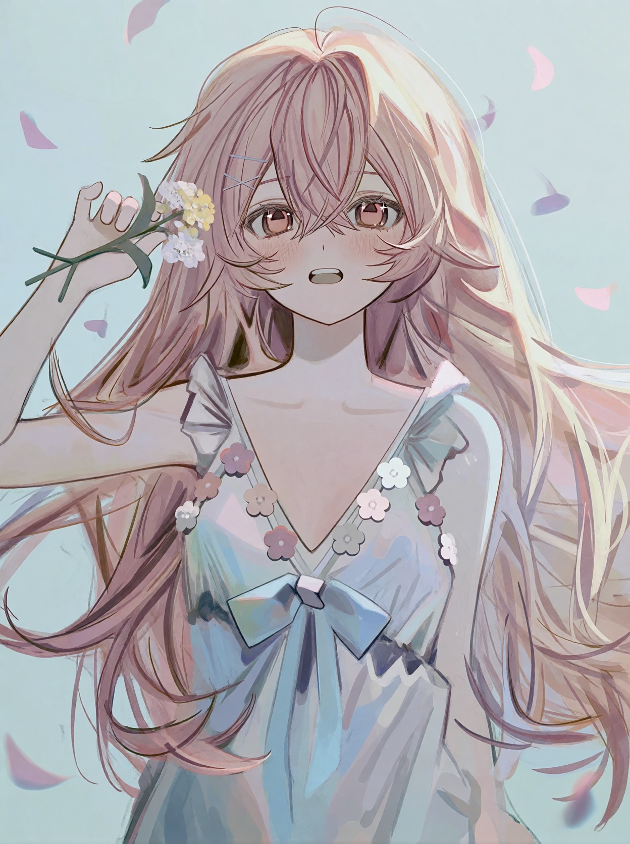 A single young female anime-style human subject with very long,  flowing light pastel-pink and pale blonde hair,  layered...
