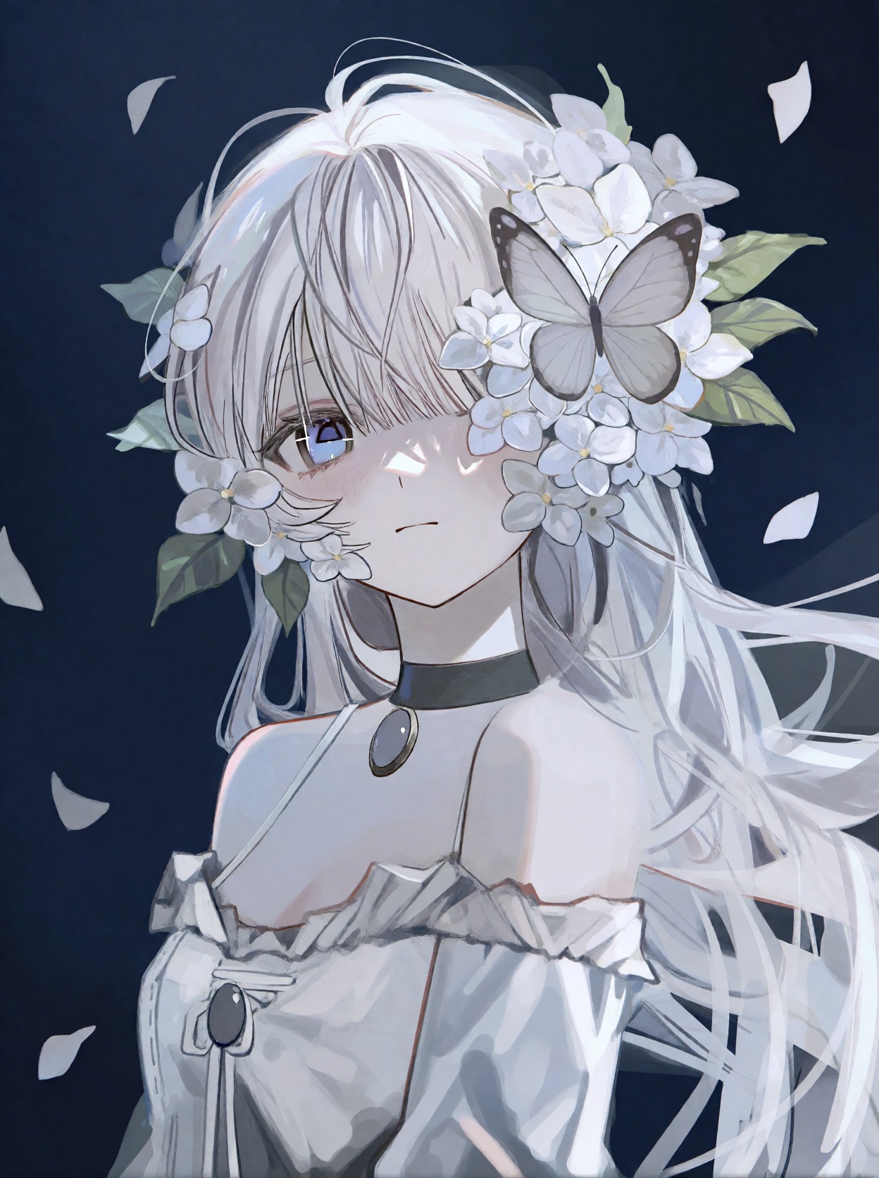 A single young female anime-style human subject with long,  flowing pale white or silver hair,  straight bangs on Tensor.Art