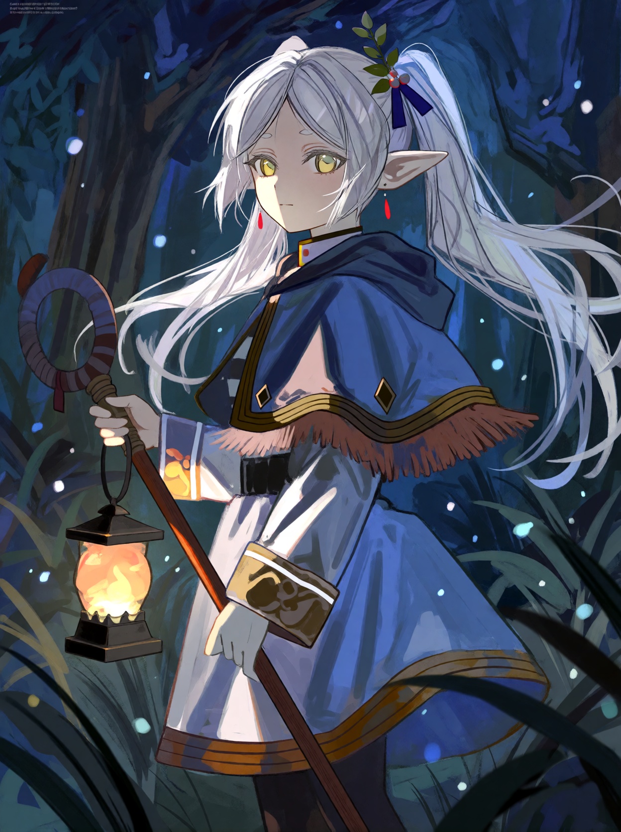 A single young ***** female anime-style elven subject standing outdoors in a forest at night. She has long,  straight,  fl...