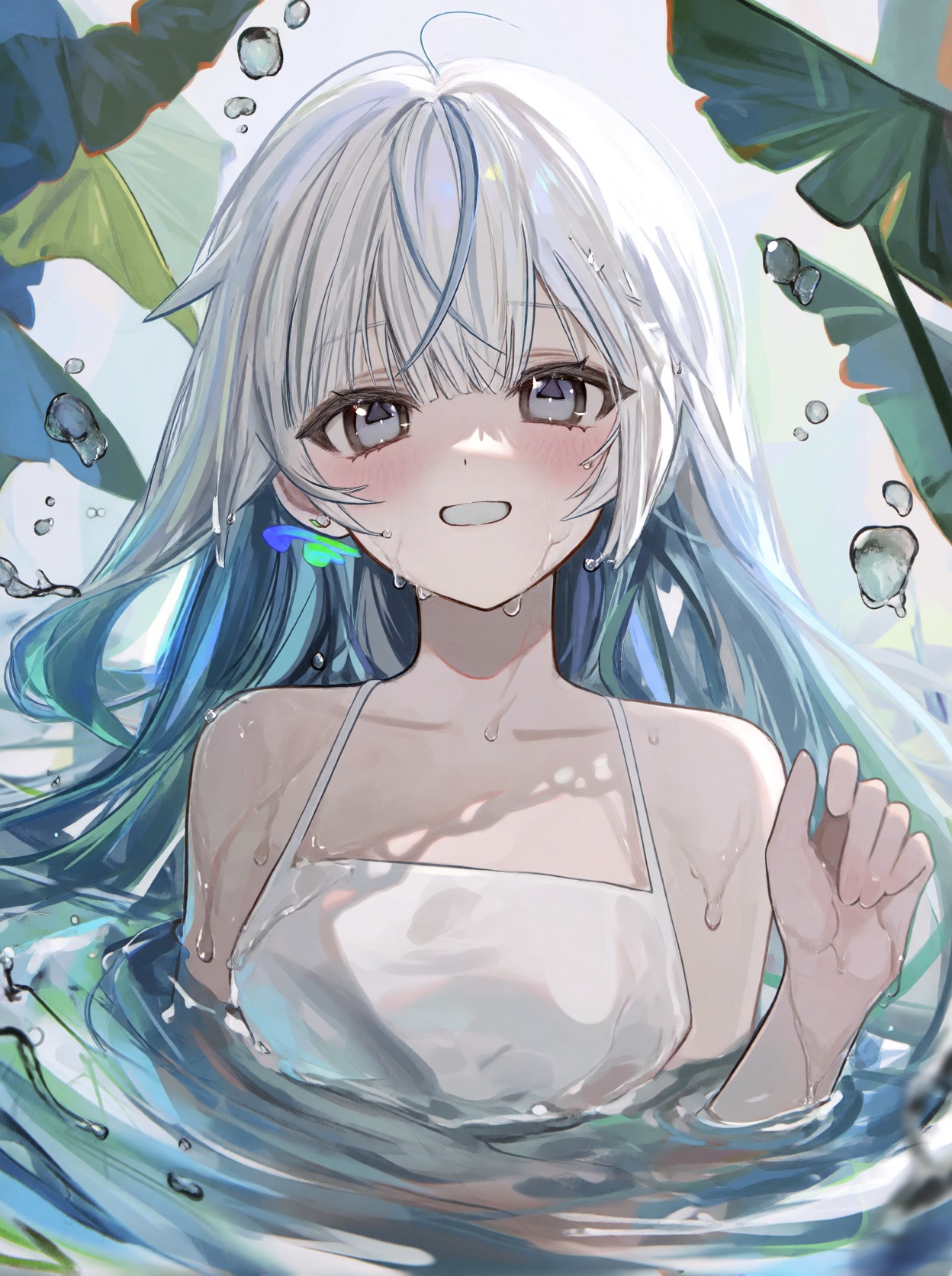A single young female anime-style human subject partially submerged in water,  with long,  flowing white hair featuring li...