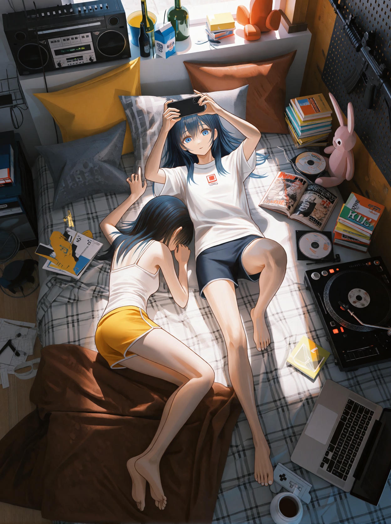 Two young female anime-style human subjects lying on a bed in a cluttered indoor room,  viewed from a top-down perspective...