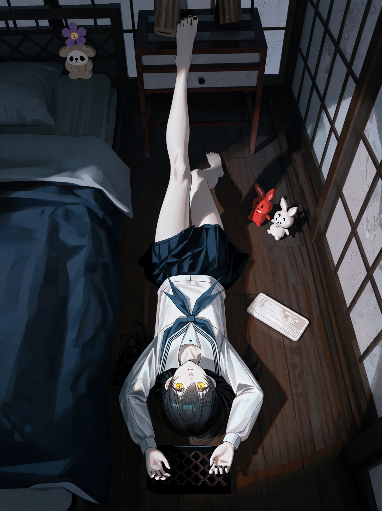 A single young female anime-style human subject lying flat on her back on a dark wooden floor,  viewed from a high,  verti...