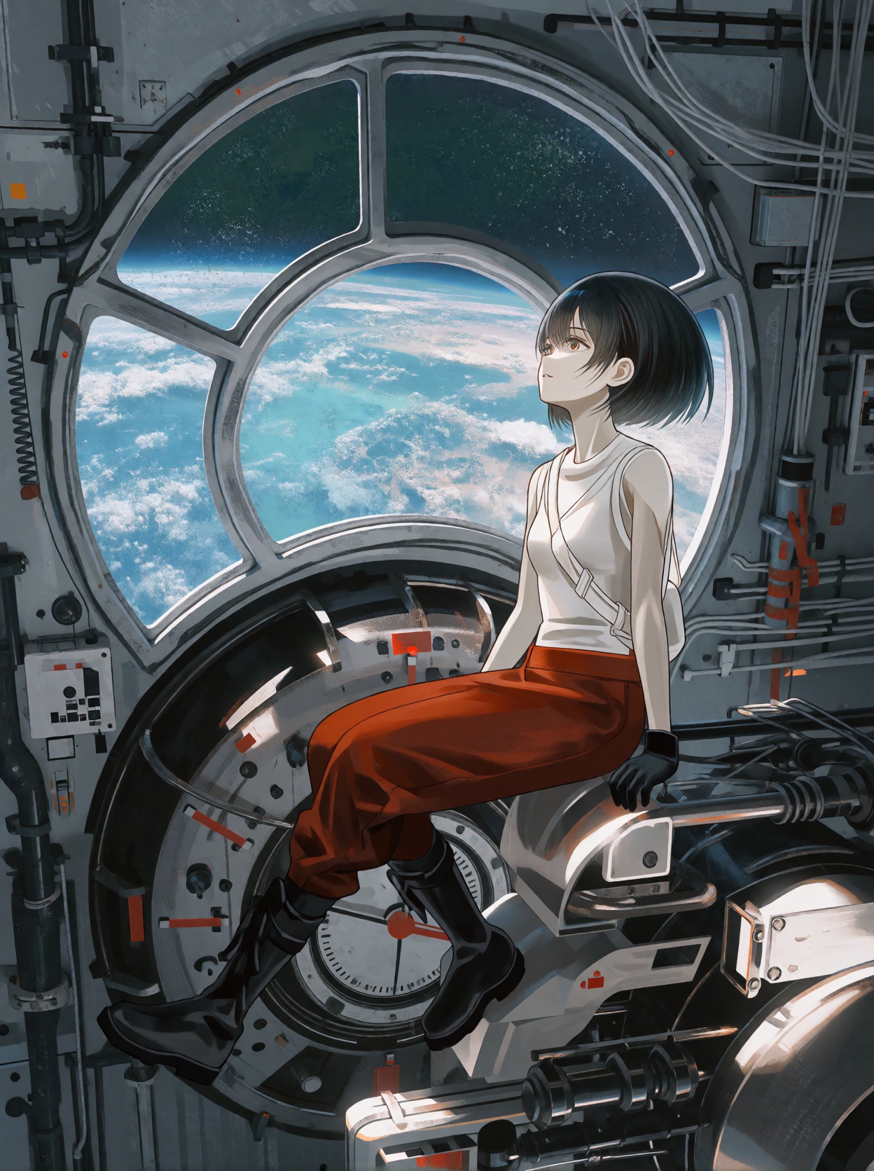 A single young female anime-style human subject sitting inside a futuristic spacecraft or space station module,  viewed fr...