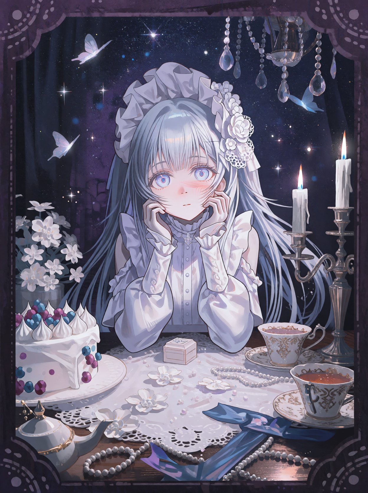 A single young female anime-style human subject with long,  flowing pale silver-white hair,  straight bangs by hans on Ten...
