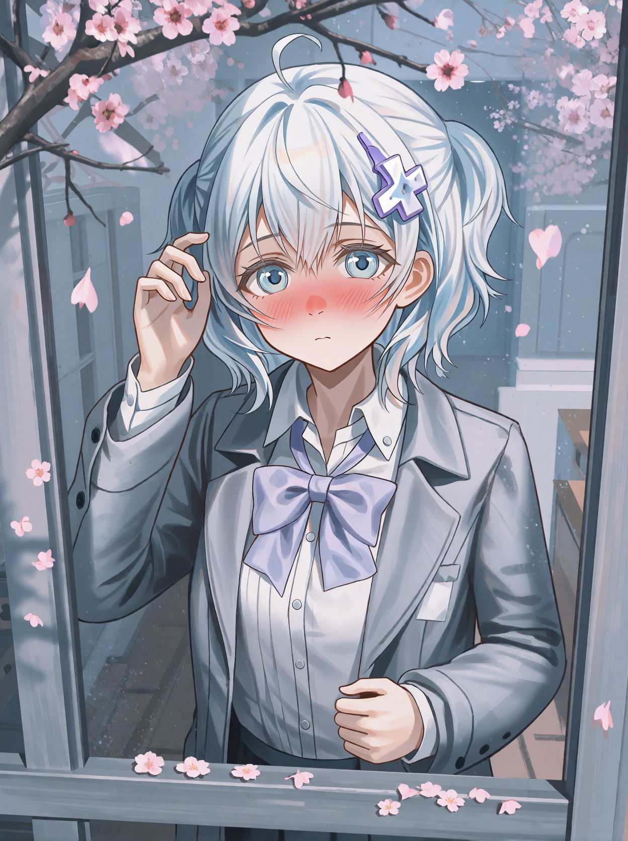 A single young female anime-style human subject seen through a glass window,  with short,  wavy by hans on Tensor.Art